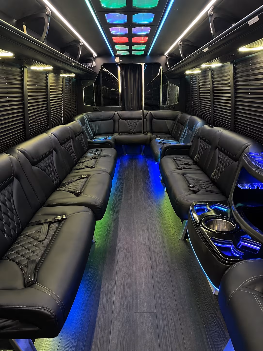 Interior of a party bus rental serving Atlantic City
